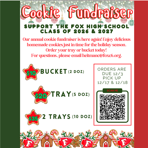 Cookie fundraiser flier with festive ornaments and cookie decorations.